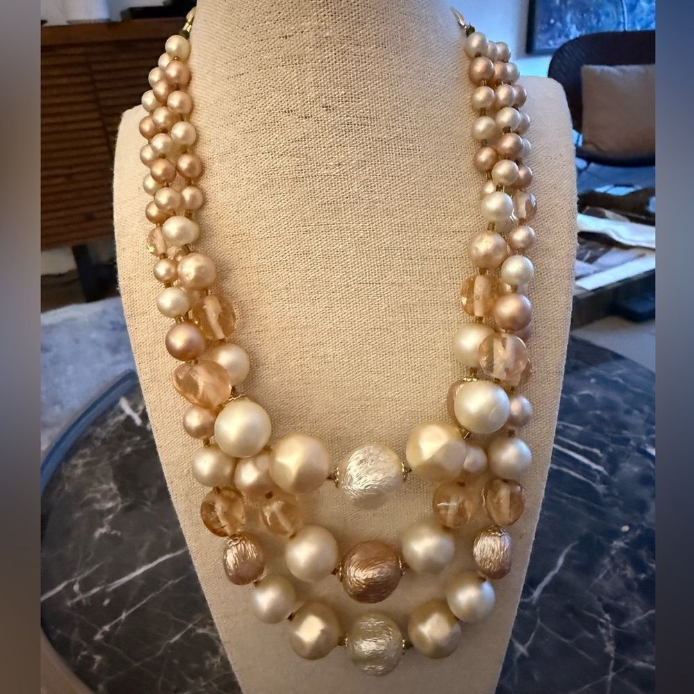Triple Strand Japan Faux Pearl, Crystal, Silk, Glass Bead Vintage Necklace.